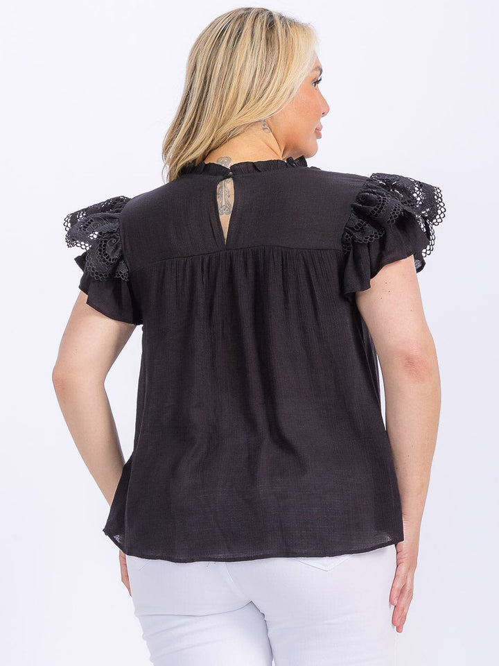 PLUS SIZE SHORT RUFFLE SLEEVE LACE TRIM DETAILED BLOUSE