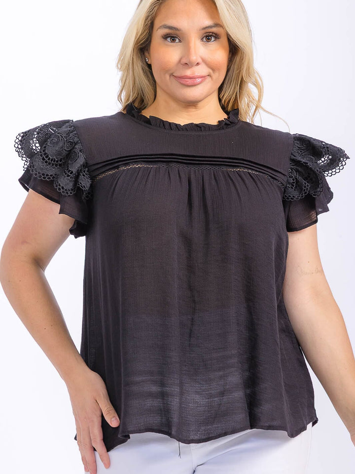 PLUS SIZE SHORT RUFFLE SLEEVE LACE TRIM DETAILED BLOUSE