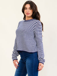 WOMEN'S LONG SLEEVE COLORBLOCK STRIPES KNIT PULLOVER SWEATER