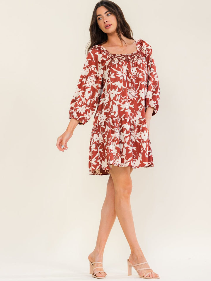 ENTRO WOMEN'S 3/4 SLEEVE SQUARE NECK FLORAL PRINT MINI DRESS