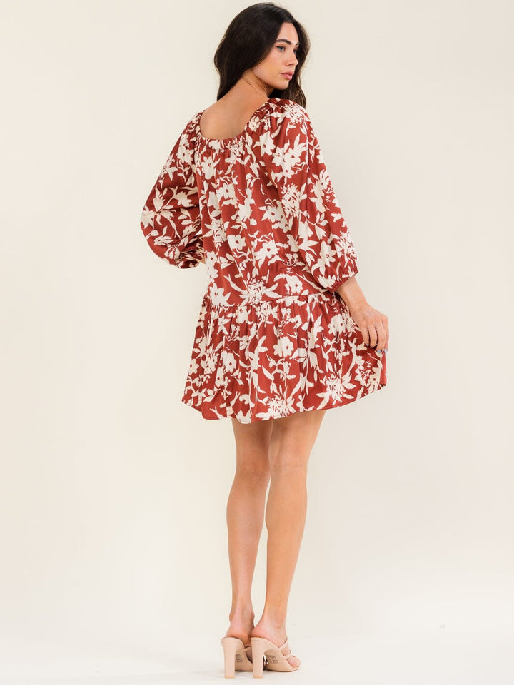 ENTRO WOMEN'S 3/4 SLEEVE SQUARE NECK FLORAL PRINT MINI DRESS