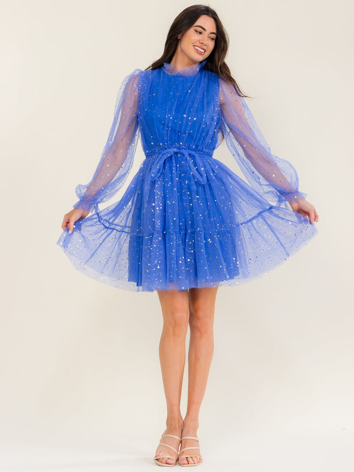 BEULAH WOMEN'S LONG SLEEVE SELF TIE SHIMMER TULLE MINI DRESS