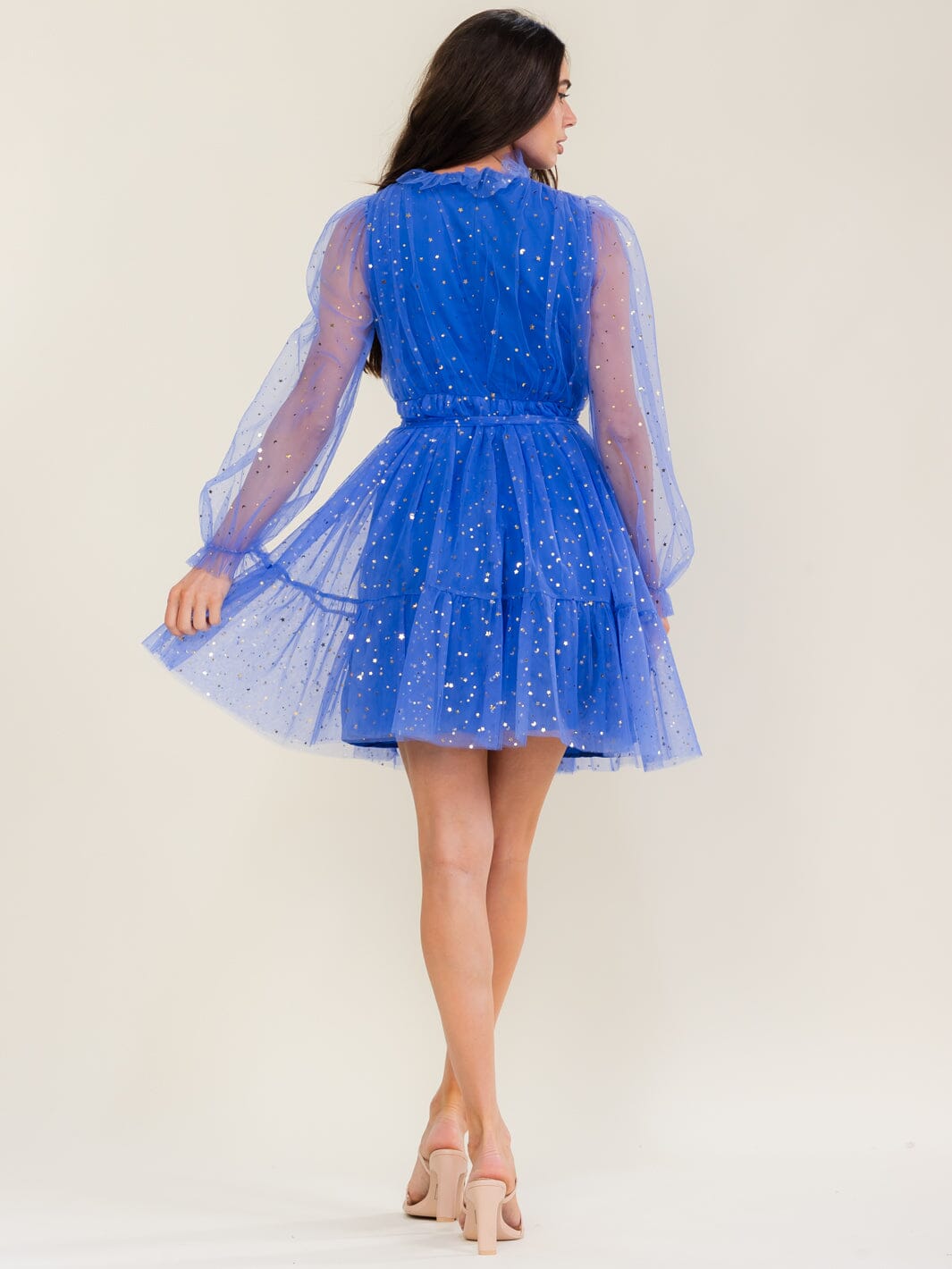 BEULAH WOMEN'S LONG SLEEVE SELF TIE SHIMMER TULLE MINI DRESS