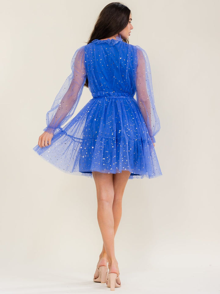 BEULAH WOMEN'S LONG SLEEVE SELF TIE SHIMMER TULLE MINI DRESS
