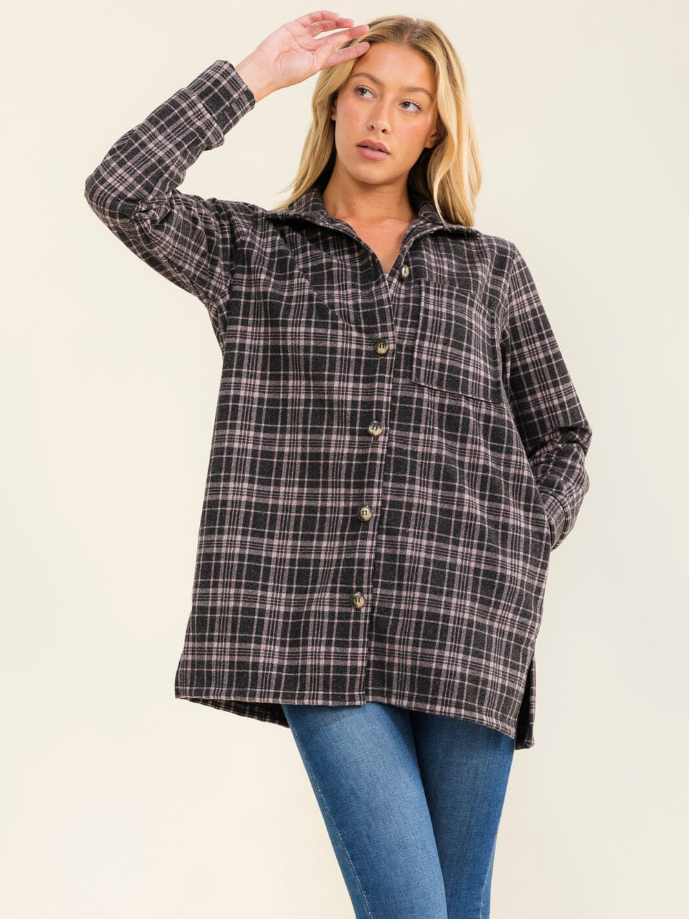 WOMEN'S LONG SLEEVE BUTTON UP FRONT POCKET PLAID JACKET