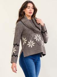WOMEN'S LONG SLEEVE COWL OFF SHOULDER NECK PRINT PULLOVER SWEATER
