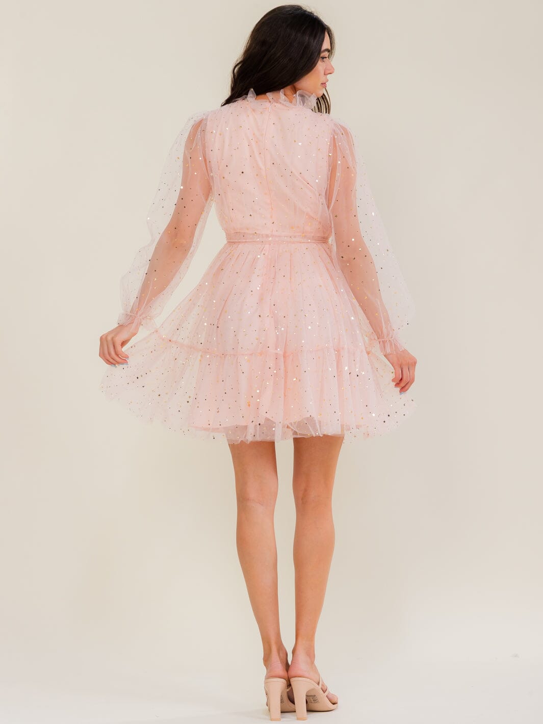 BEULAH WOMEN'S LONG SLEEVE SELF TIE SHIMMER TULLE MINI DRESS