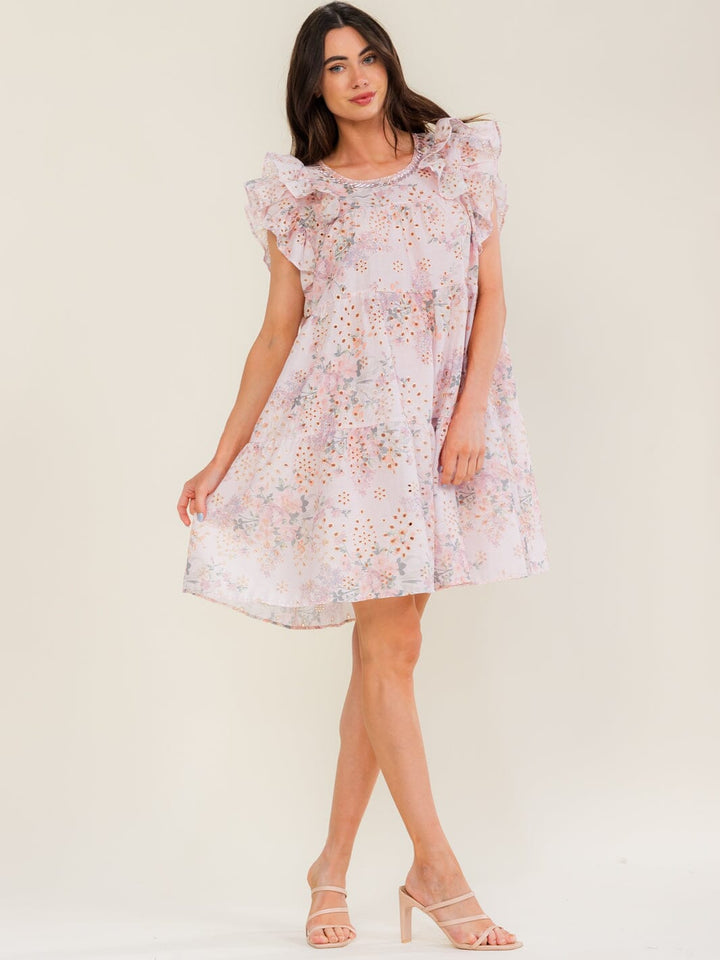 BEULAH WOMEN'S RUFFLE SLEEVE FLORAL EYELEY TUNIC MINI DRESS