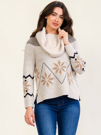 WOMEN'S LONG SLEEVE COWL OFF SHOULDER NECK PRINT PULLOVER SWEATER