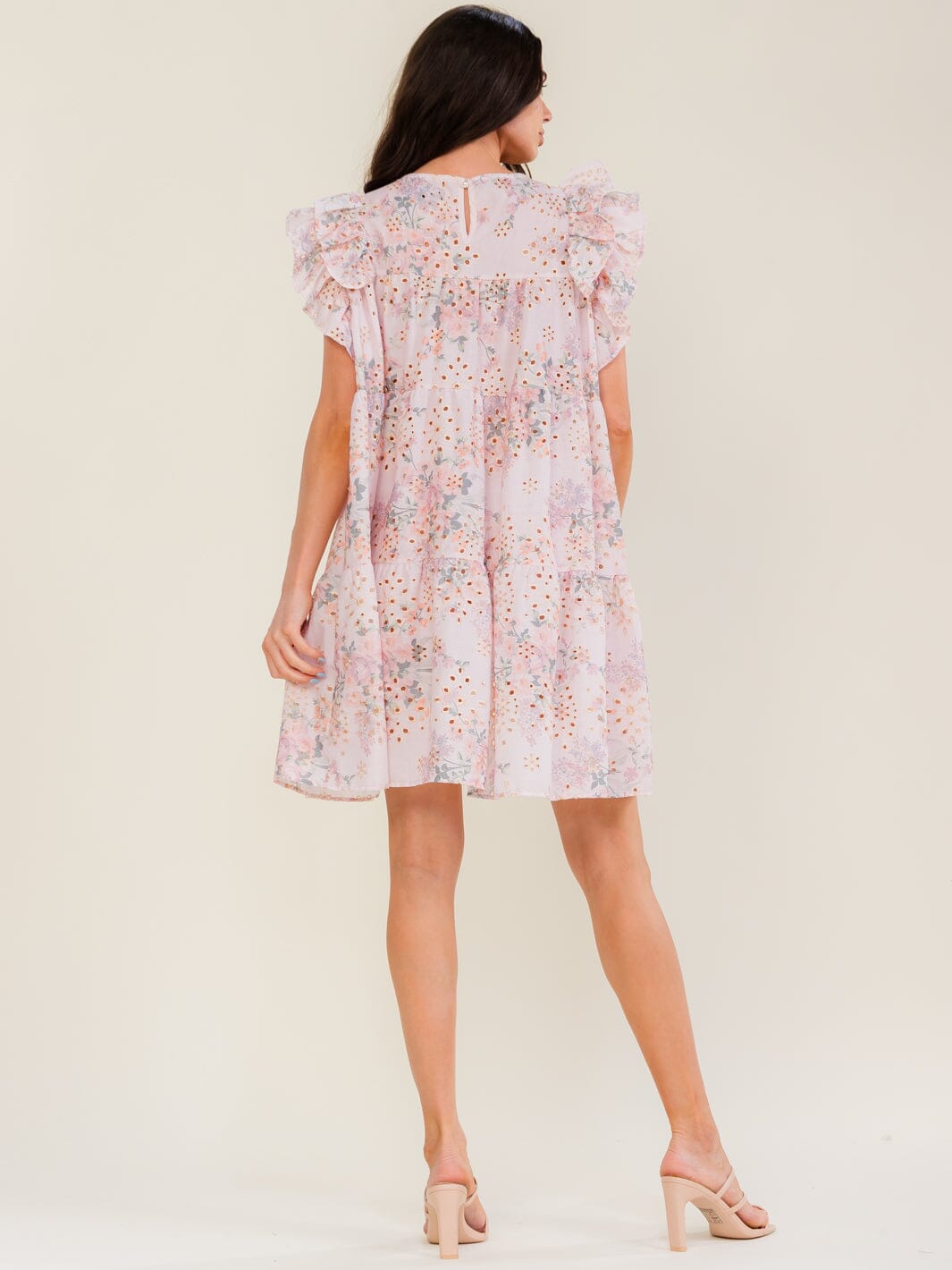 BEULAH WOMEN'S RUFFLE SLEEVE FLORAL EYELEY TUNIC MINI DRESS