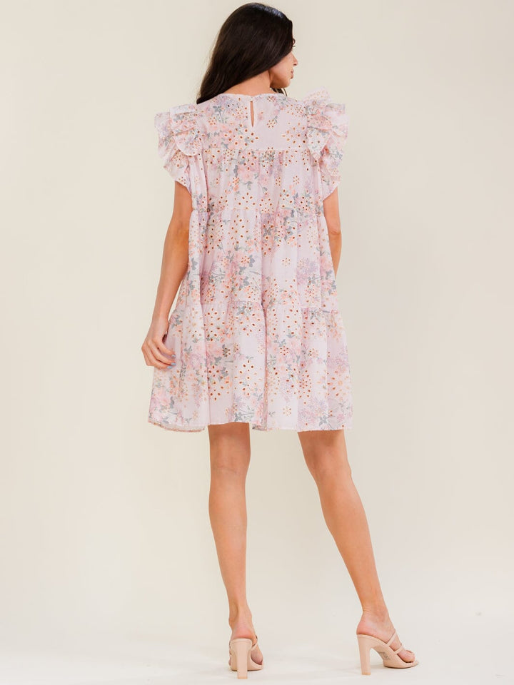 BEULAH WOMEN'S RUFFLE SLEEVE FLORAL EYELEY TUNIC MINI DRESS