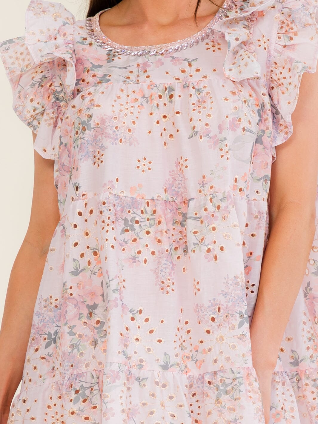 BEULAH WOMEN'S RUFFLE SLEEVE FLORAL EYELEY TUNIC MINI DRESS