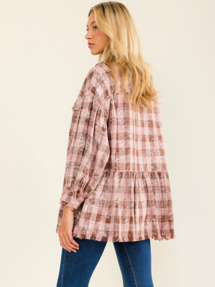 WOMEN'S LONG SLEEVE BUTTON UP FRONT POCKETS PLAID SHIRT