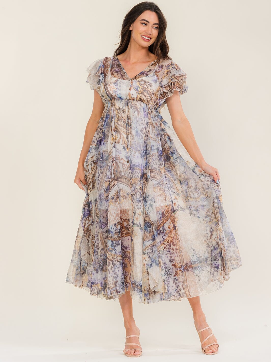 BEULAH WOMEN'S SHORT SLEEVE BUTTON UP MULTI PRINT MAXI DRESS