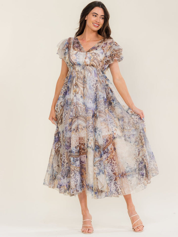 BEULAH WOMEN'S SHORT SLEEVE BUTTON UP MULTI PRINT MAXI DRESS