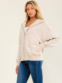 WOMEN'S LONG SLEEVE ZIP UP FRONT POCKETS WASHED JACKET