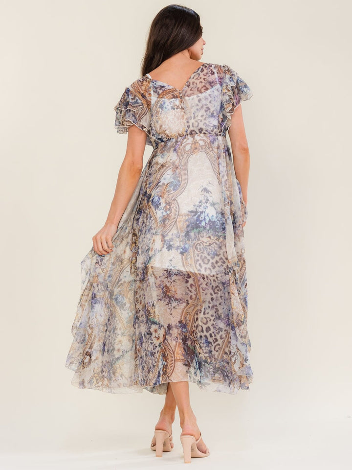 BEULAH WOMEN'S SHORT SLEEVE BUTTON UP MULTI PRINT MAXI DRESS