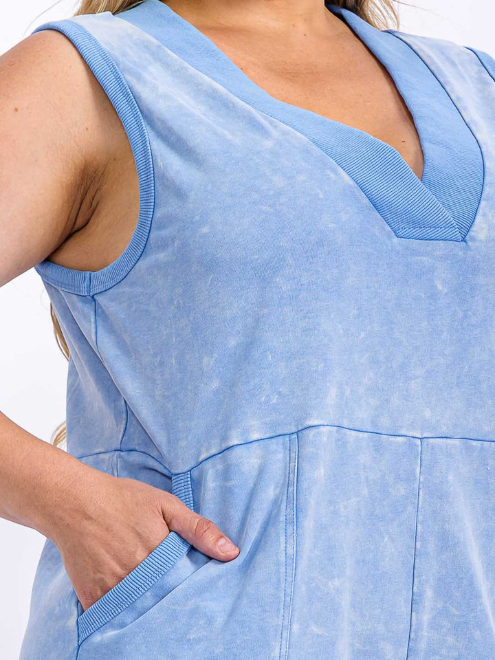 PLUS SIZE SLEEVELESS FRONT POCKETS V-NECK WASHED OVERALL