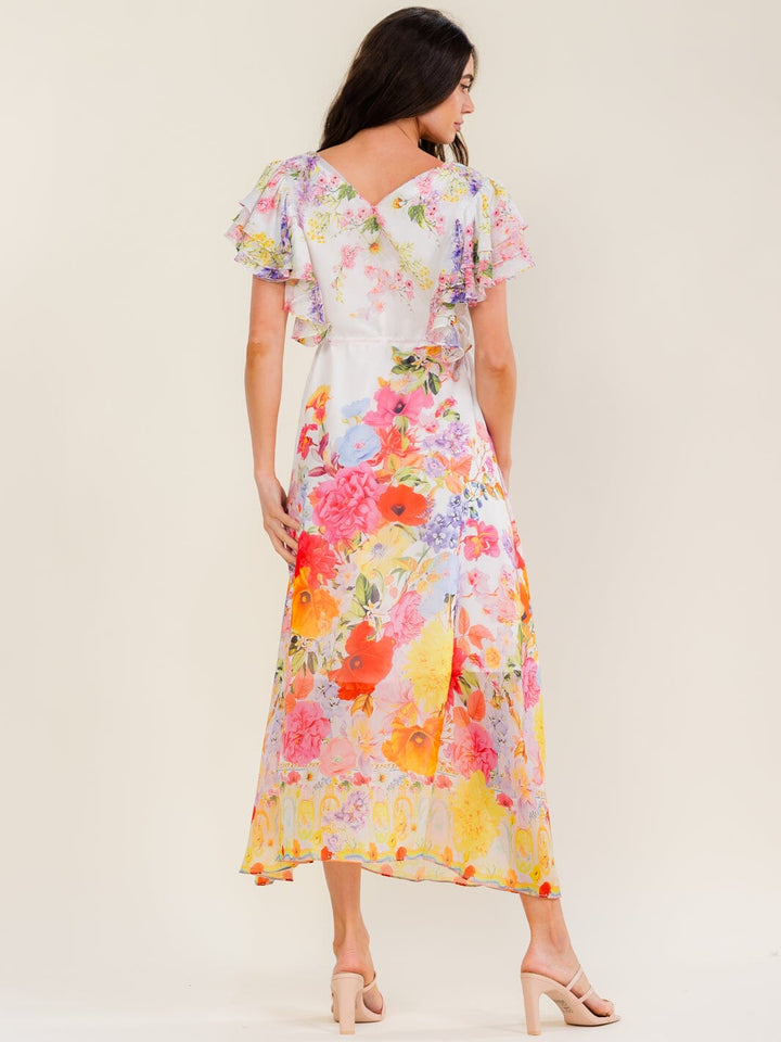 BEULAH WOMEN'S SHORT RUFFLE SLEEVE SELF TIE FLORAL PRINT MAXI DRESS