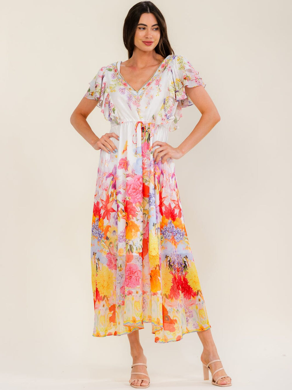 BEULAH WOMEN'S SHORT RUFFLE SLEEVE SELF TIE FLORAL PRINT MAXI DRESS