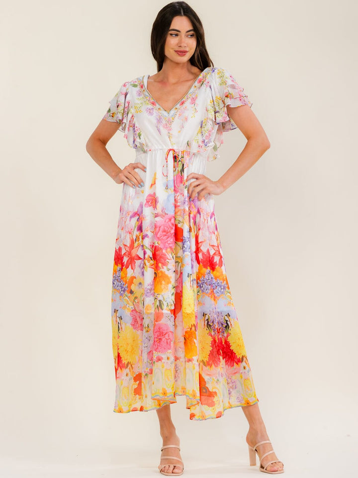 BEULAH WOMEN'S SHORT RUFFLE SLEEVE SELF TIE FLORAL PRINT MAXI DRESS