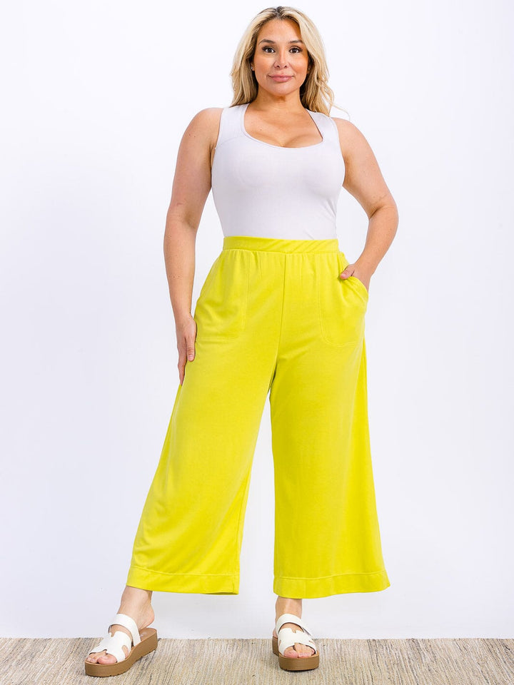 WOMEN'S ELASTIC WAIST FRONT POCKETS WIDE LEG CAPRI PANTS