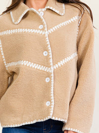 WOMEN'S LONG SLEEVE BUTTON UP TRIM DETAILED SHERPA JACKET