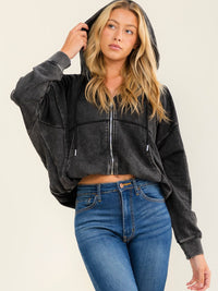 WOMEN'S LONG SLEEVE ZIP UP FRONT POCKETS HOODED WASHED JACKET