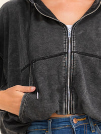 WOMEN'S LONG SLEEVE ZIP UP FRONT POCKETS HOODED WASHED JACKET