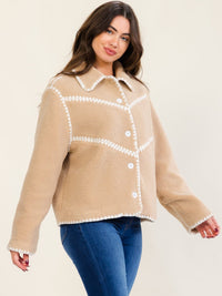 WOMEN'S LONG SLEEVE BUTTON UP TRIM DETAILED SHERPA JACKET