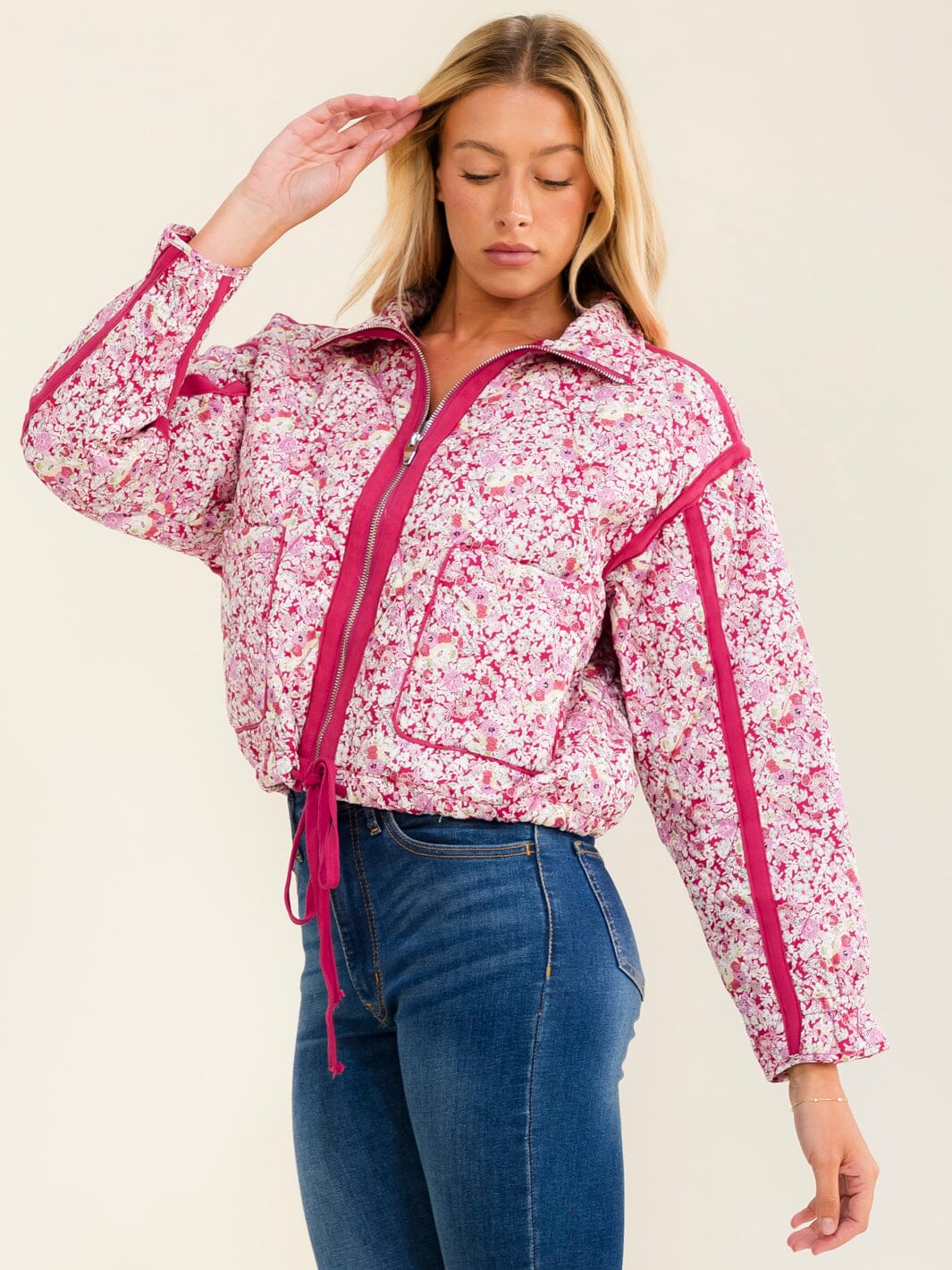 WOMEN'S LONG SLEEVE ZIP UP FRONT POCKET FLORAL PADDED JACKET