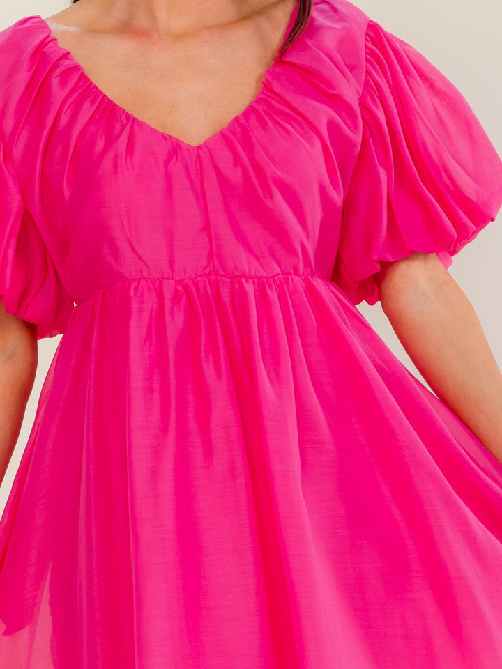 BEULAH WOMEN'S SHORT PUFF SLEEVE V-NECK SELF TIE MINI DRESS