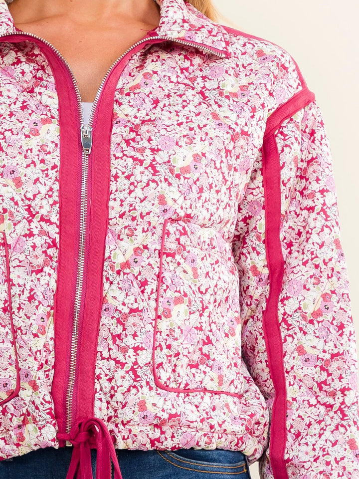 WOMEN'S LONG SLEEVE ZIP UP FRONT POCKET FLORAL PADDED JACKET