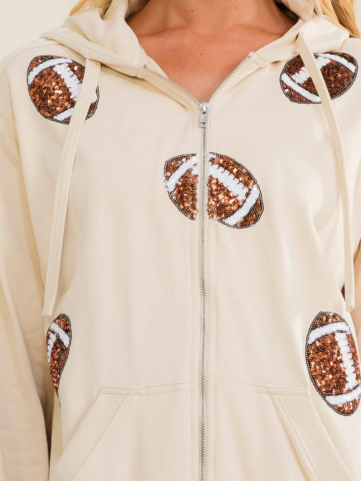 WOMEN'S LONG SLEEVE ZIP UP POCKETS GAME DAY GRAPHIC HOODED SWEATER