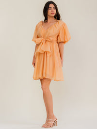 BEULAH WOMEN'S SHORT PUFF SLEEVE V-NECK SELF TIE MINI DRESS