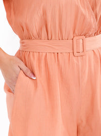 PLUS SIZE SHORT SLEEVE SURPLICE POCKETS BELTED ROMPER