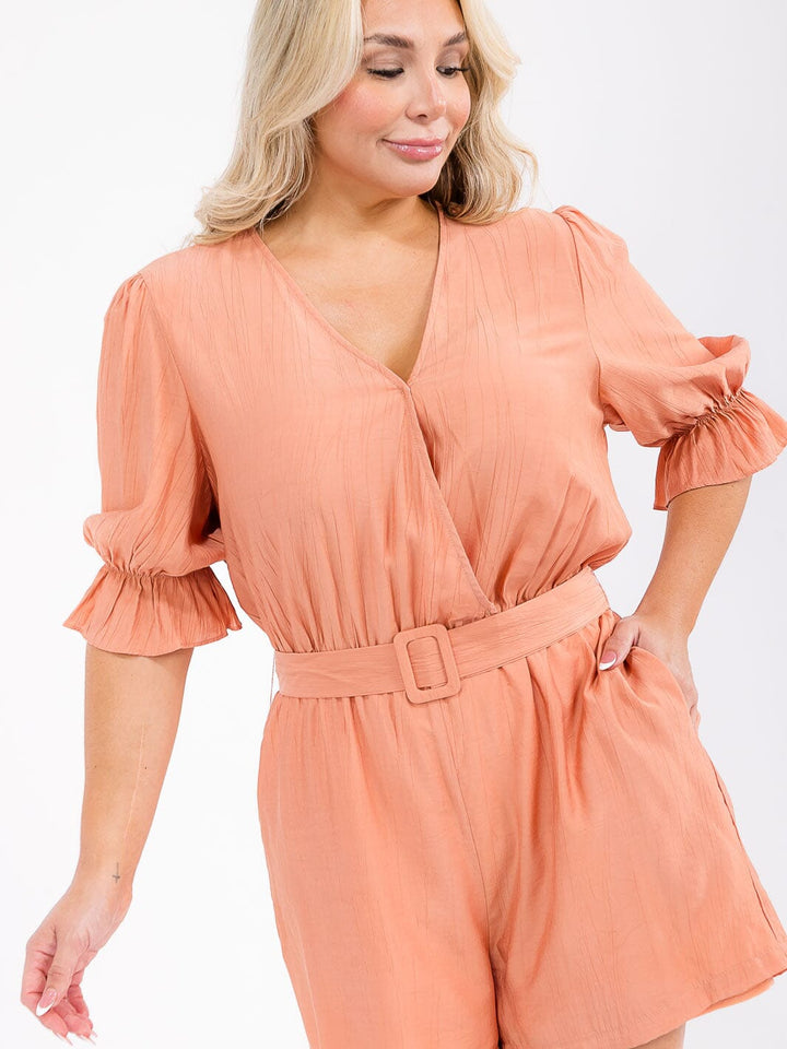PLUS SIZE SHORT SLEEVE SURPLICE POCKETS BELTED ROMPER