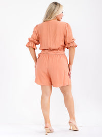 PLUS SIZE SHORT SLEEVE SURPLICE POCKETS BELTED ROMPER