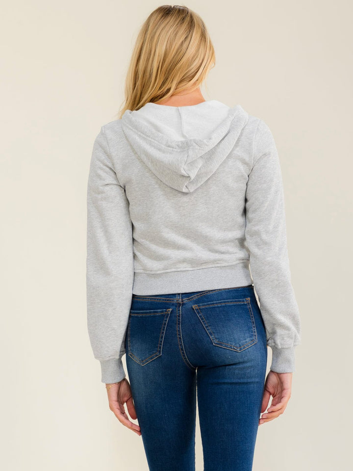 WOMEN'S LONG SLEEVE ZIP UP FRONT POCKETS HOODED CROP SWEATER