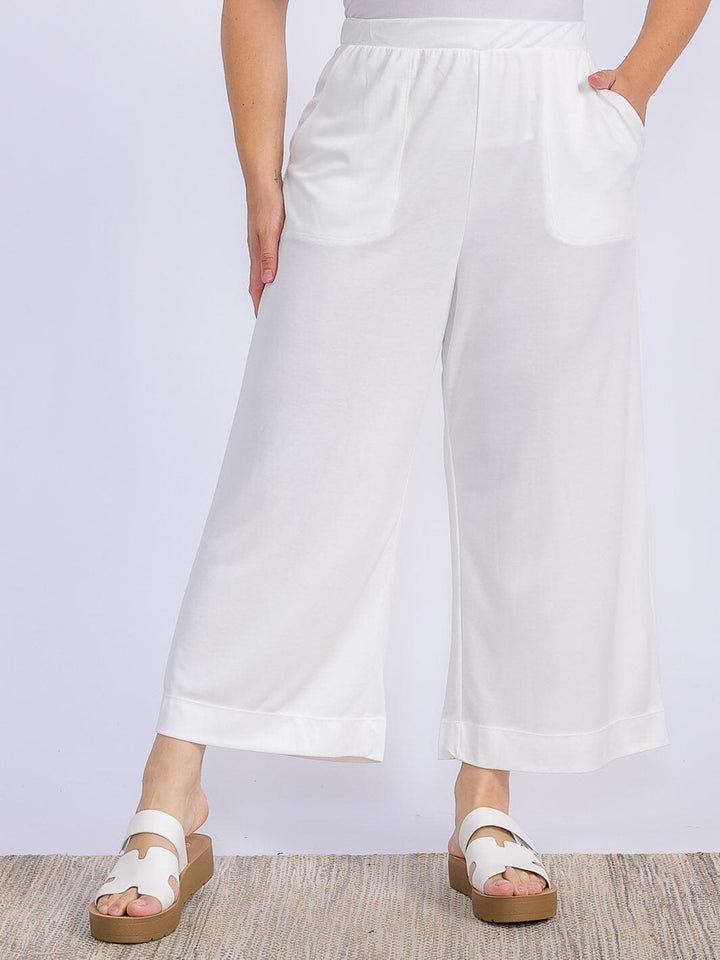 WOMEN'S ELASTIC WAIST FRONT POCKETS WIDE LEG CAPRI PANTS