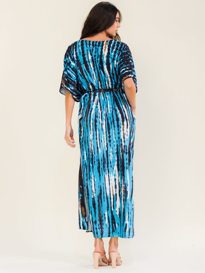 BEULAH WOMEN'S SHORT SLEEVE SELF TIE MULTI PRINT MAXI DRESS