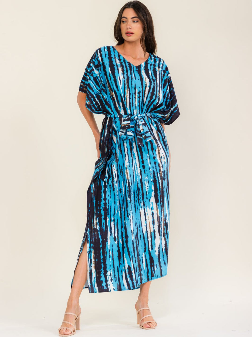 BEULAH WOMEN'S SHORT SLEEVE SELF TIE MULTI PRINT MAXI DRESS