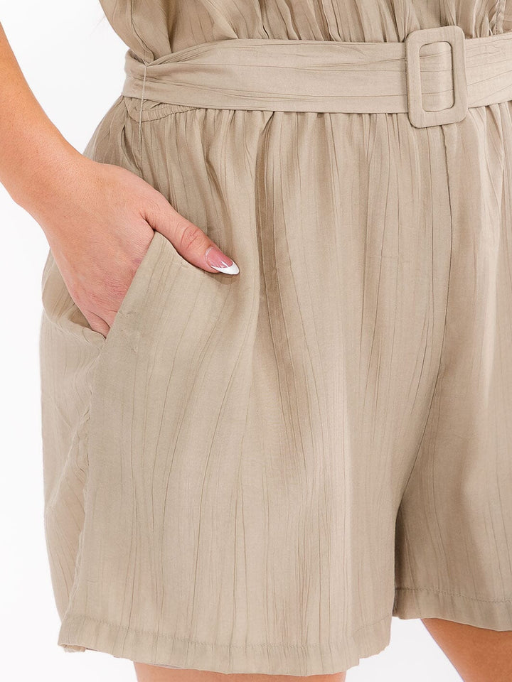 PLUS SIZE SHORT SLEEVE SURPLICE POCKETS BELTED ROMPER
