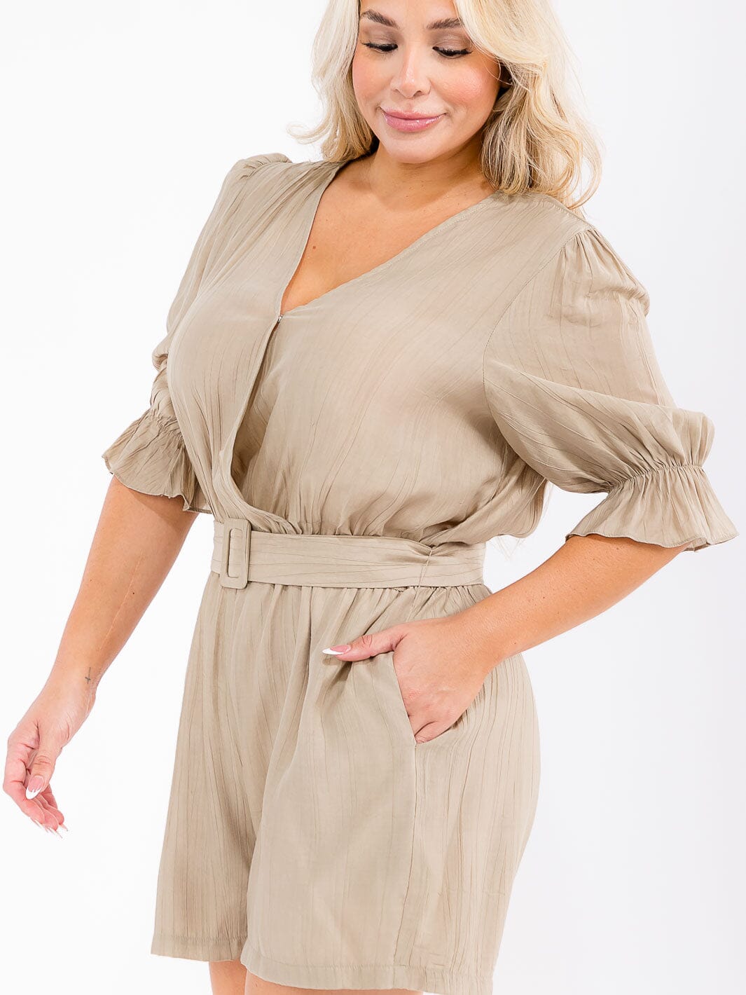 PLUS SIZE SHORT SLEEVE SURPLICE POCKETS BELTED ROMPER