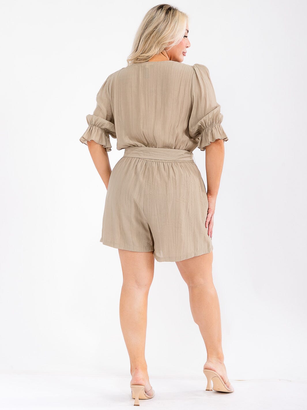 PLUS SIZE SHORT SLEEVE SURPLICE POCKETS BELTED ROMPER