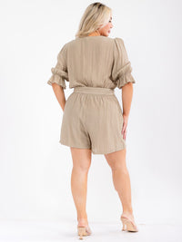 PLUS SIZE SHORT SLEEVE SURPLICE POCKETS BELTED ROMPER