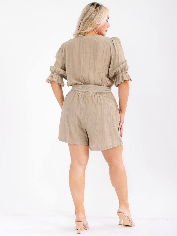 PLUS SIZE SHORT SLEEVE SURPLICE POCKETS BELTED ROMPER