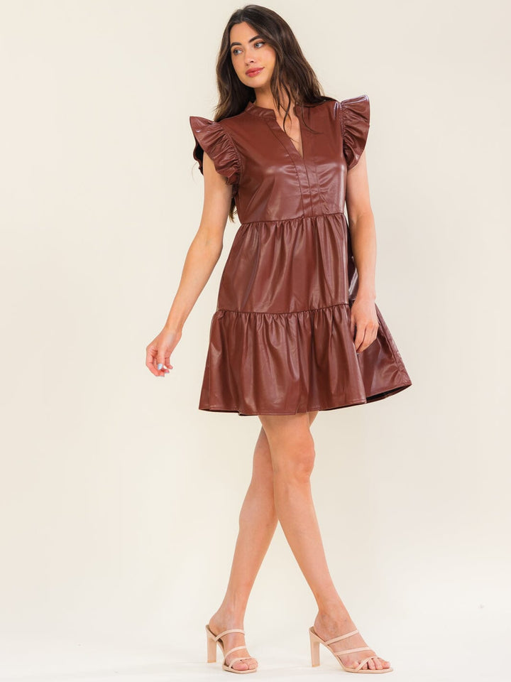 ENTRO WOMEN'S SHORT RUFFLE SLEEVE V-NECK PU PLEATHER TUNIC MINI DRESS