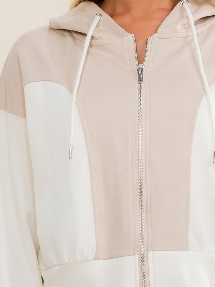 WOMEN'S LONG SLEEVE ZIP UP HOODED COLORBLOCK SWEATER