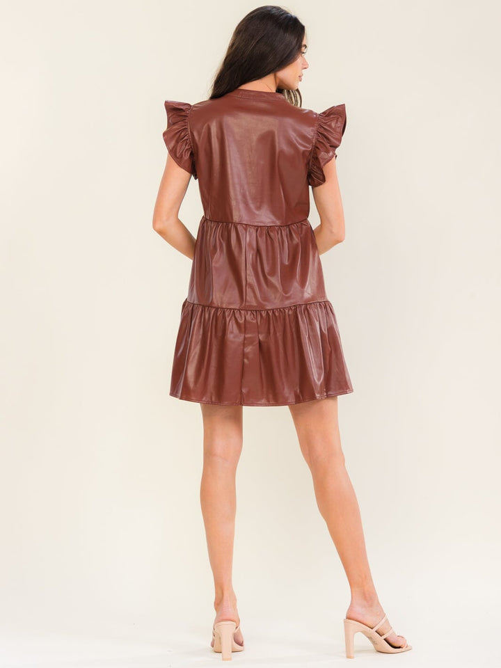 ENTRO WOMEN'S SHORT RUFFLE SLEEVE V-NECK PU PLEATHER TUNIC MINI DRESS